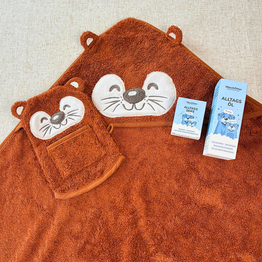Alltags-Set + Waschlappen + Kapuzenhandtuch "Otti Otter"